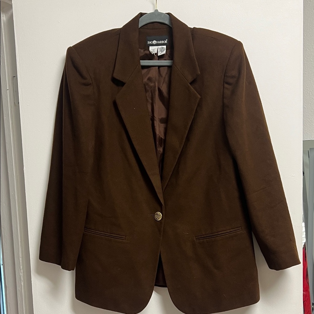Sag Harbor Dark Brown Women's classic Wool Blazer Brass Crest Button Large